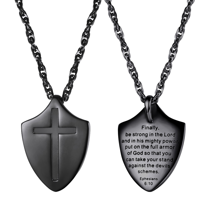 Christian Cross Shield Pendant Necklace With Ephesians 6:10 for