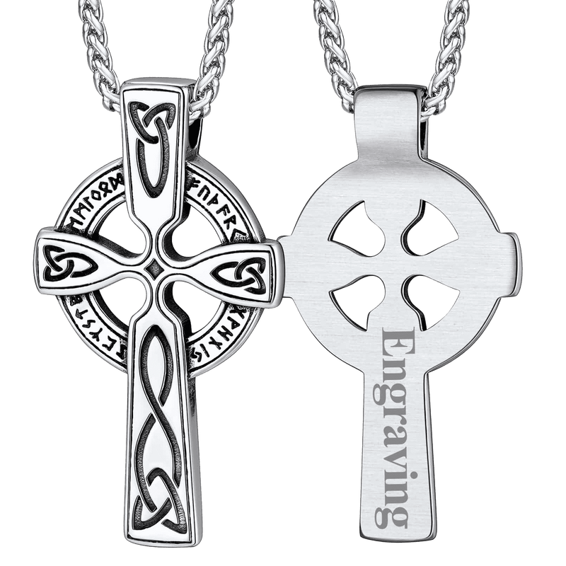 Irish Celtic Cross Pendant Necklace With Viking Runes for