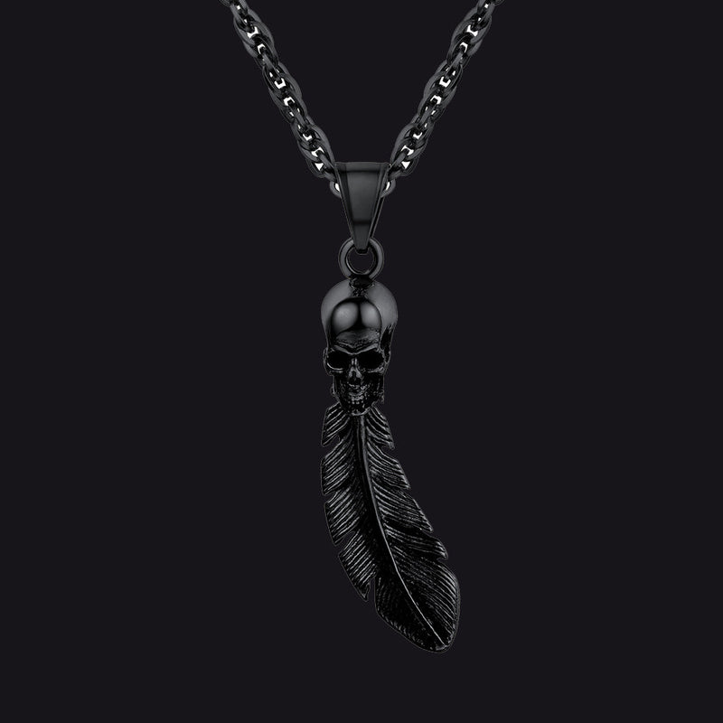 Gothic Stainless Steel Skull Feather Necklace