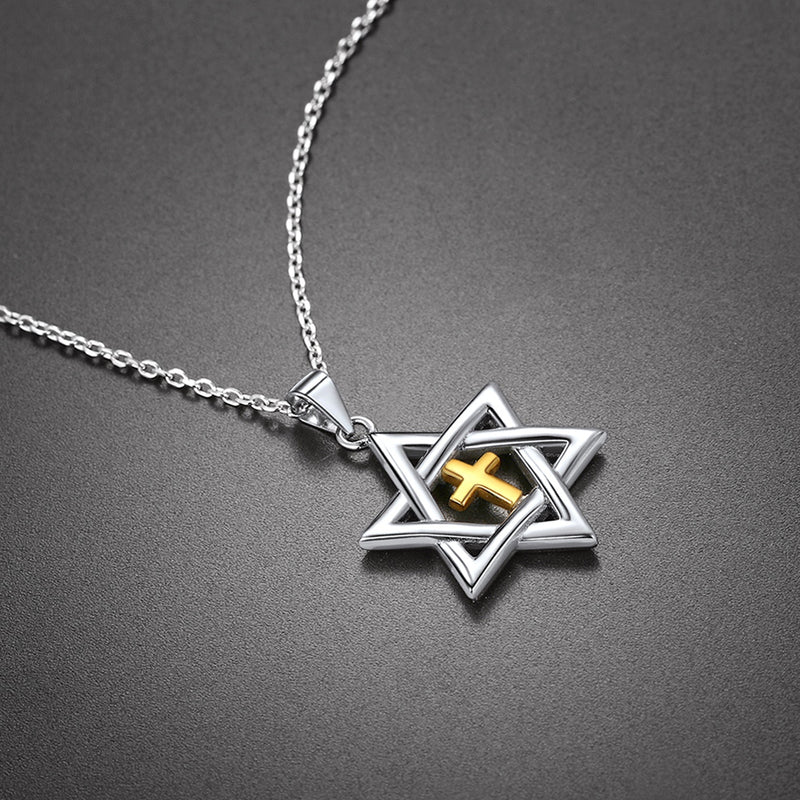 Sterling Silver Cross Star of David Necklace for