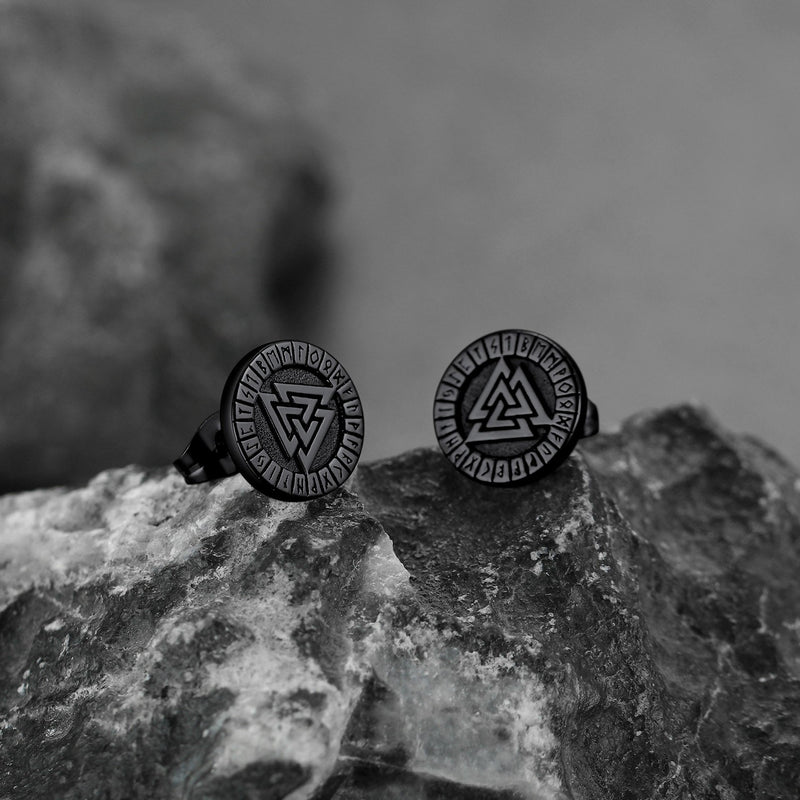 Viking Valknut Black Stud Earrings for With Runes