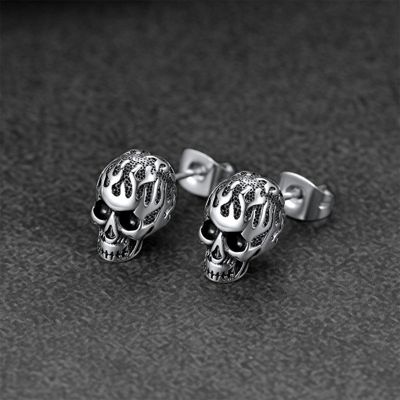 Gothic Flaming Skull Stud Earrings for