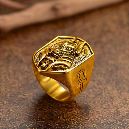 Ancient Egyptian Anubis Signet Ring With Ankh Cross for