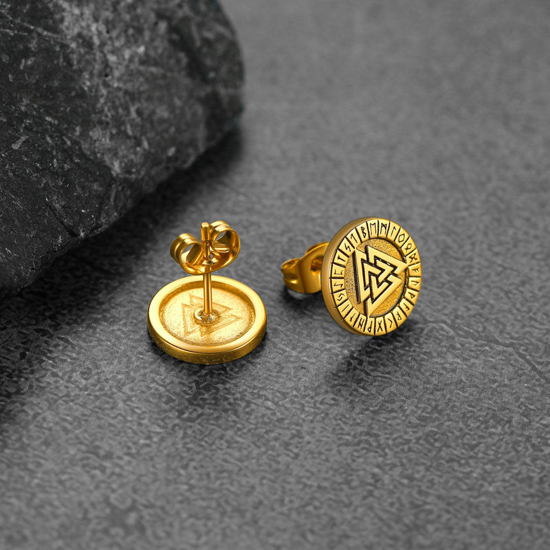 Viking Valknut Black Stud Earrings for With Runes