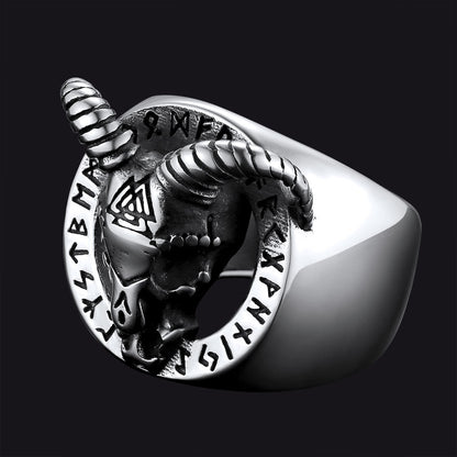 Satanic Goat Skull Ring With Viking Runes for