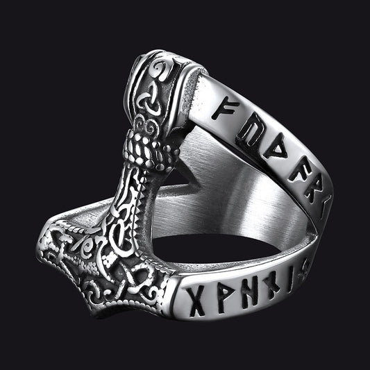 Viking Mjolnir Thor's Hammer Ring With Rune for