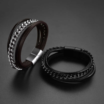 Customized Black Braided Leather Bracelet Cuff With Chain for Son