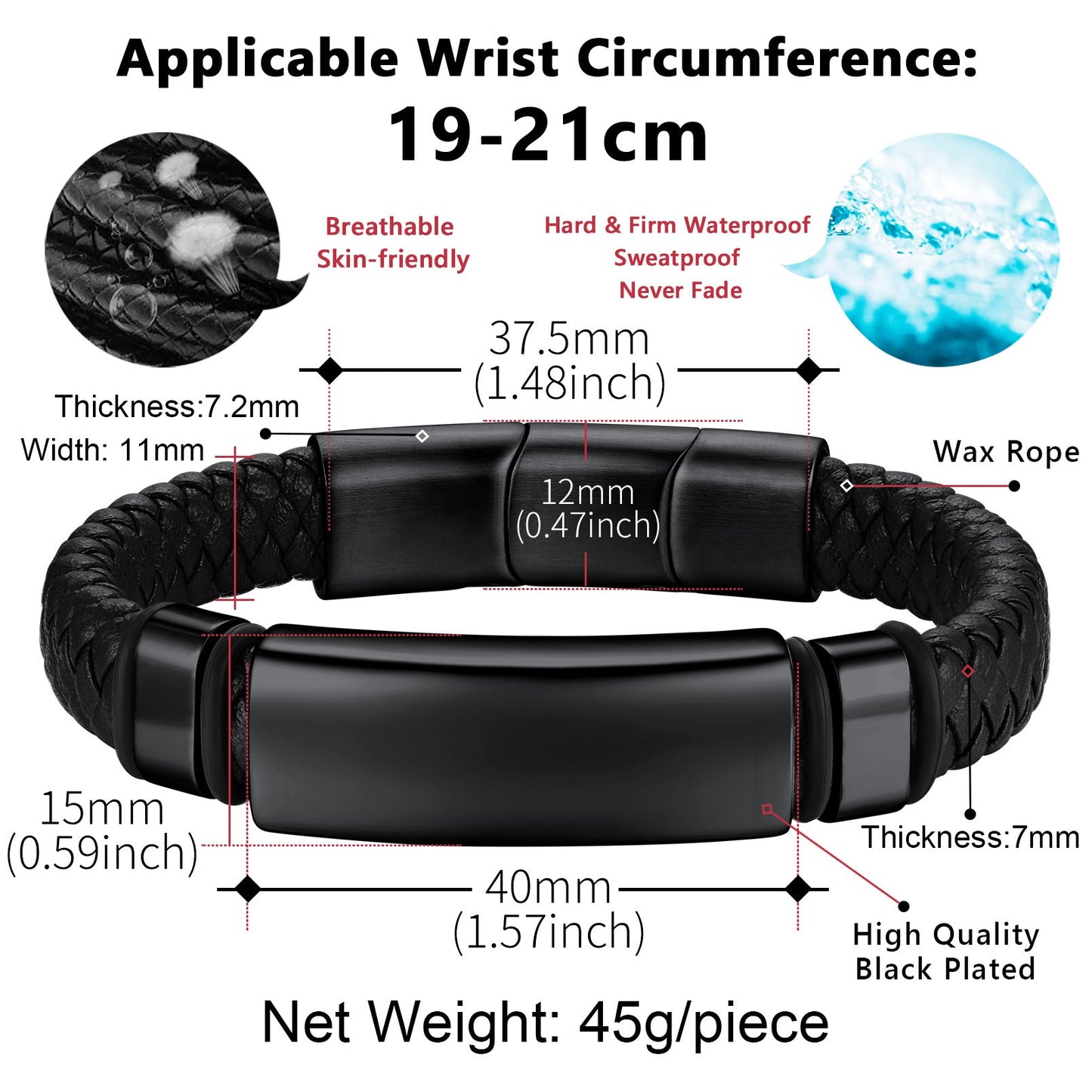 Custom Braided Black Leather Bracelet Birthday Gift for