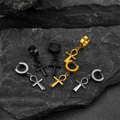 Ankh Cross Dangle Hoop Earrings for