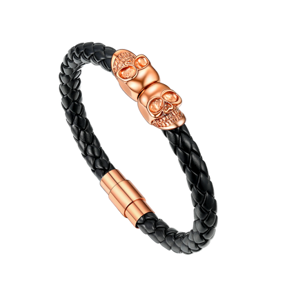 Black Braided Leather Bracelet With Skull for
