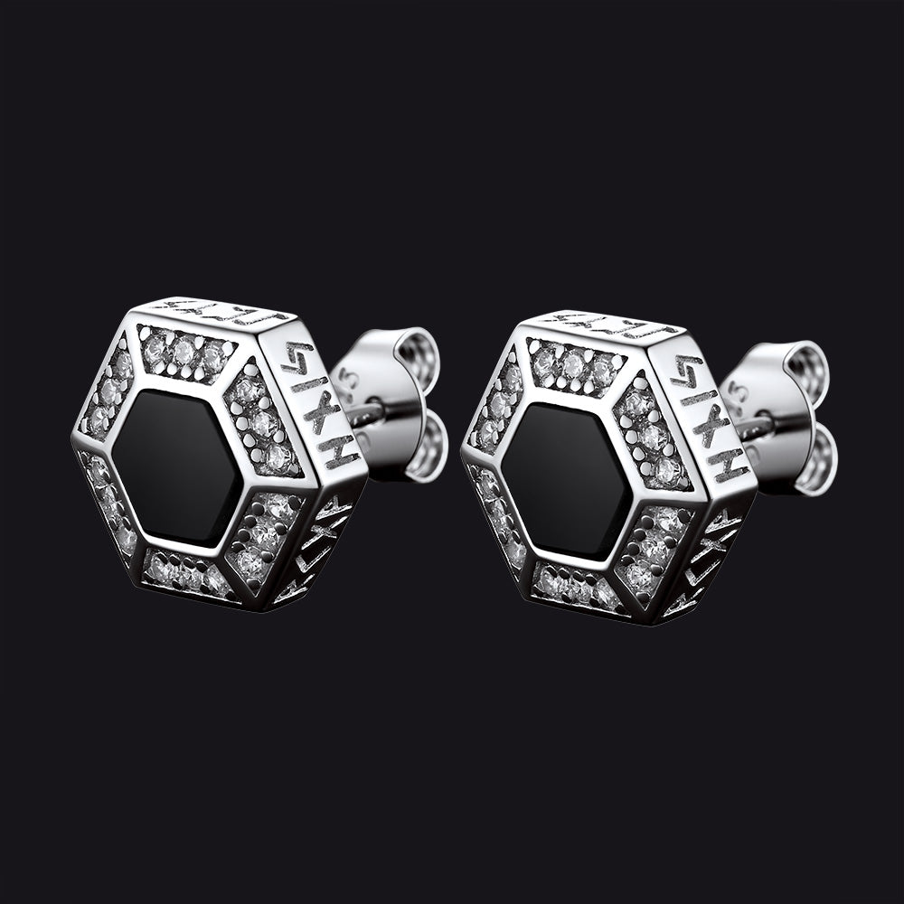 Viking Rune Hexagon Black Onyx Stud Earrings for