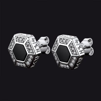 Viking Rune Hexagon Black Onyx Stud Earrings for