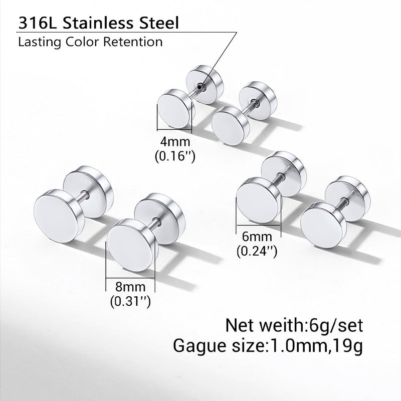 3 Pairs Simple Round Stud Earrings Set for 4/6/8mm Width