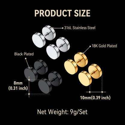 Punk Round Fake Plug Stud Earrings Set – 3 Pairs | 6mm & 8mm