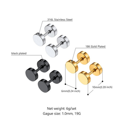 6mm Round Plug Stud Earrings Set for 3 Pairs