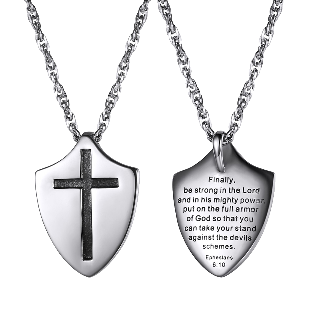 Christian Cross Shield Pendant Necklace With Ephesians 6:10 for
