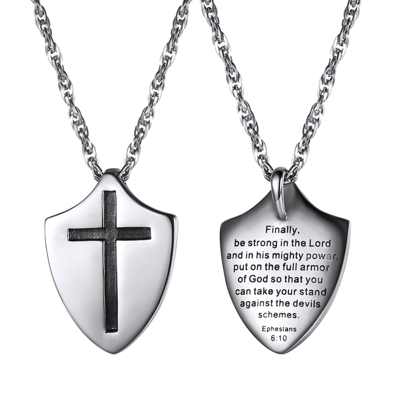 Christian Cross Shield Pendant Necklace With Ephesians 6:10 for