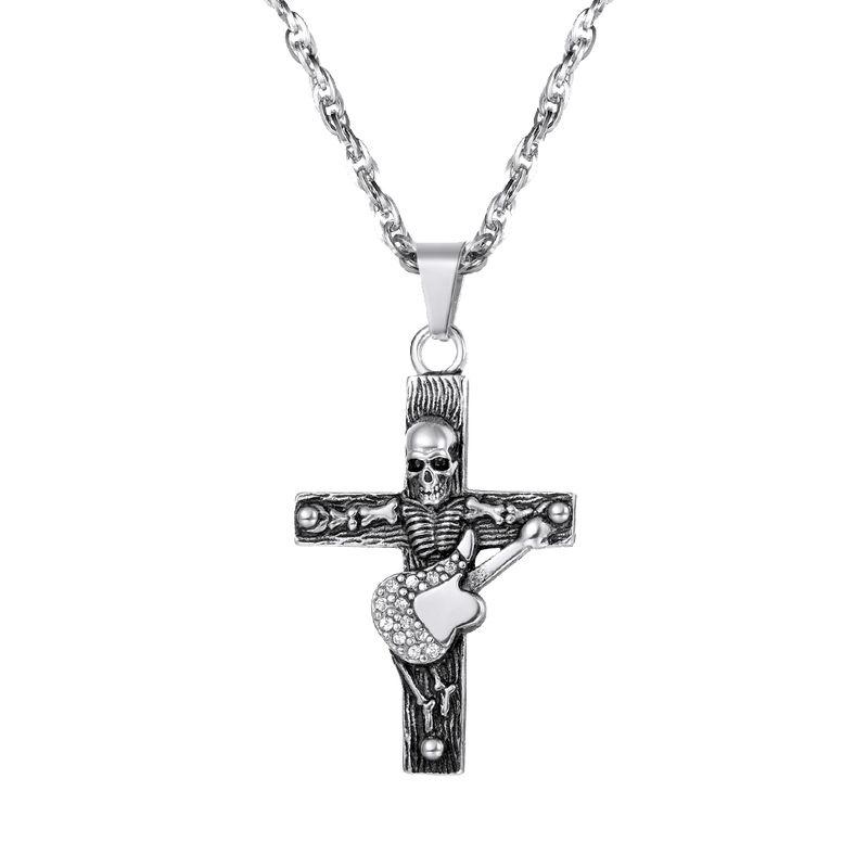 Punk Skull Guitar Cross Necklace for