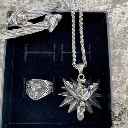 3 Pcs Norse Wolf Head Stainless Steel Jewelry Set