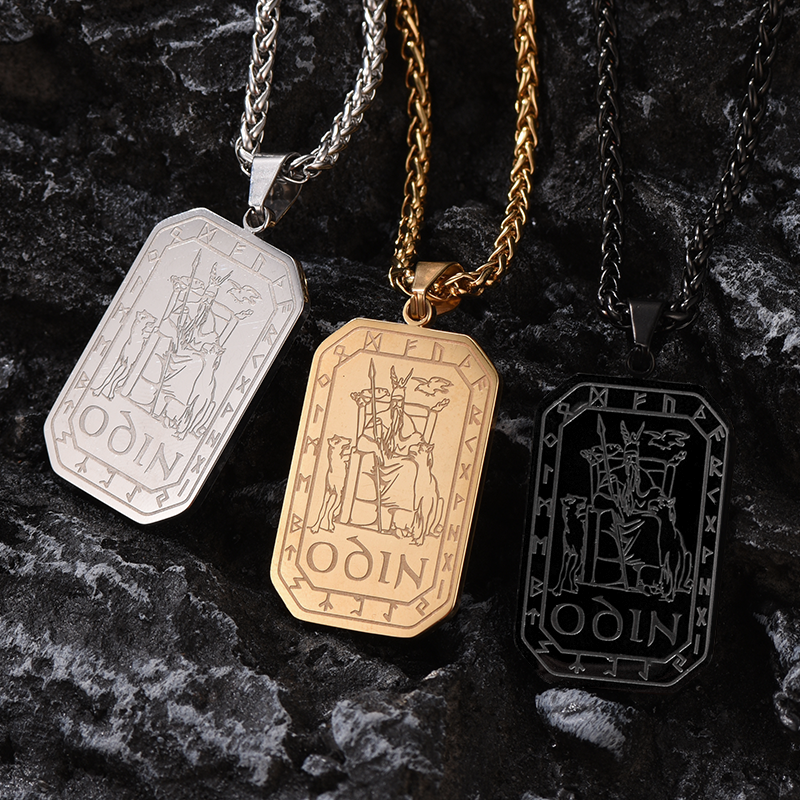 Viking Rune Odin Dog Tag Pendant Necklace for