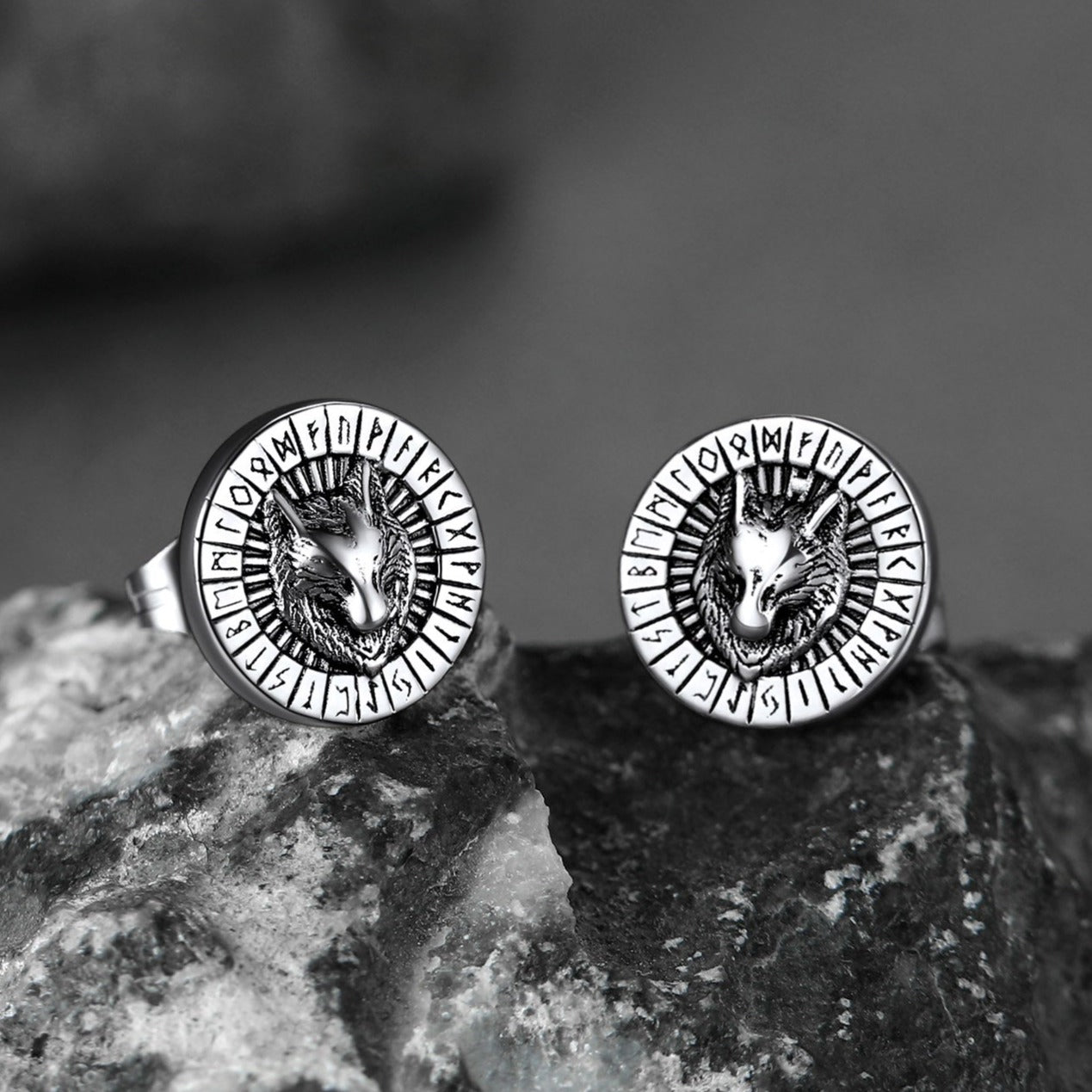Viking Wolf Head Stud Earrings With Runes for