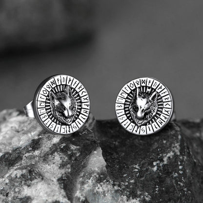 Viking Wolf Head Stud Earrings With Runes for