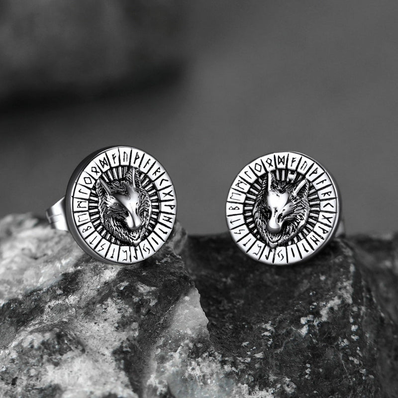 Viking Wolf Head Stud Earrings With Runes for