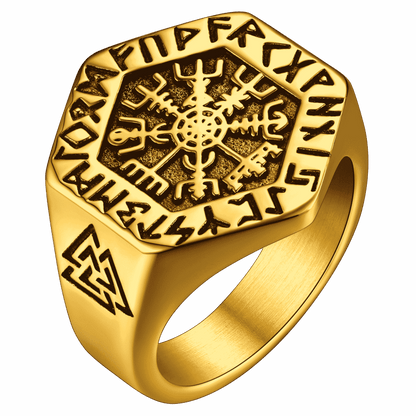 Viking Hexagon Compass Ring With Runes for