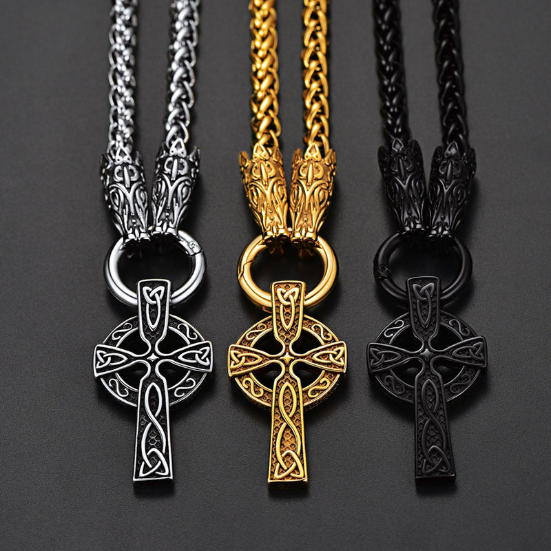 Celtic Knot Cross Necklace With Wolf Rope Chain for