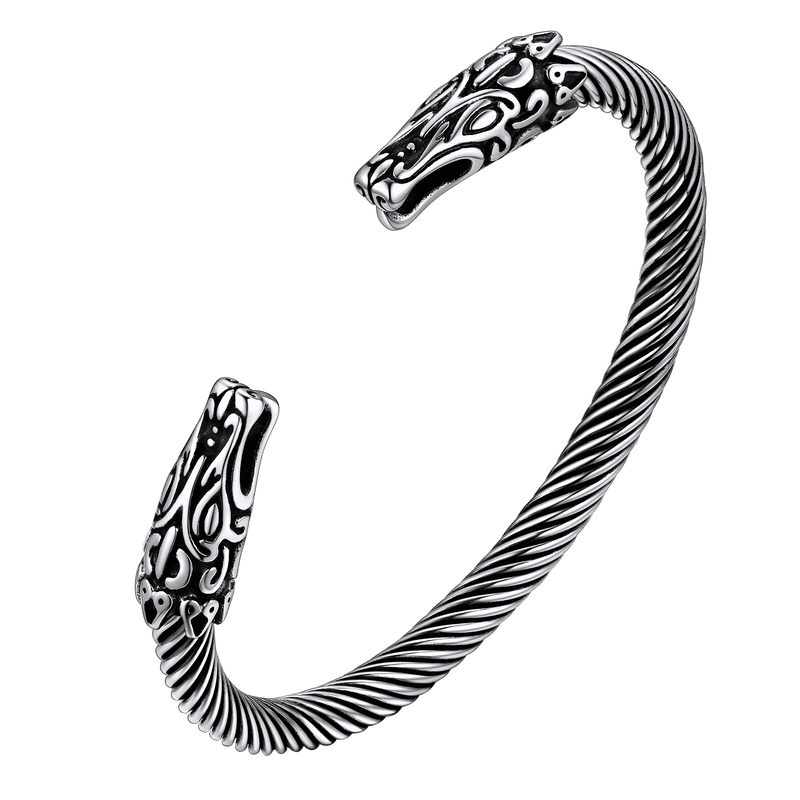 Viking Bracelet Norse Wolf Heads Cuff Bangle for