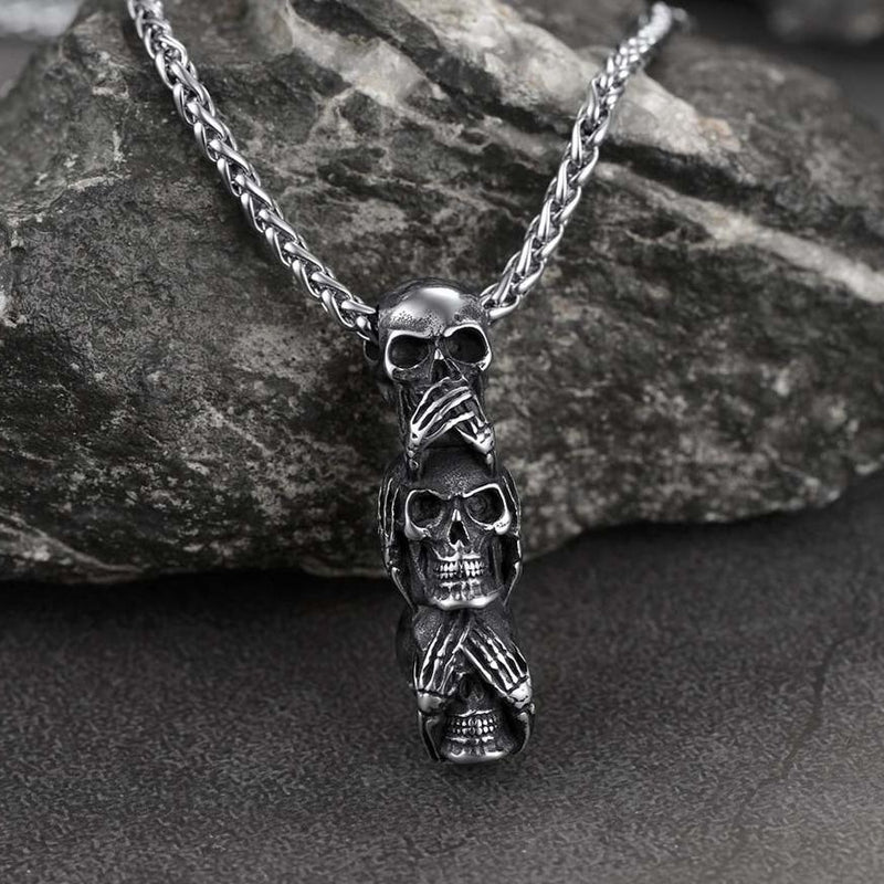 See No Evil, Hear No Evil, Speak No Evil Skull Necklace for