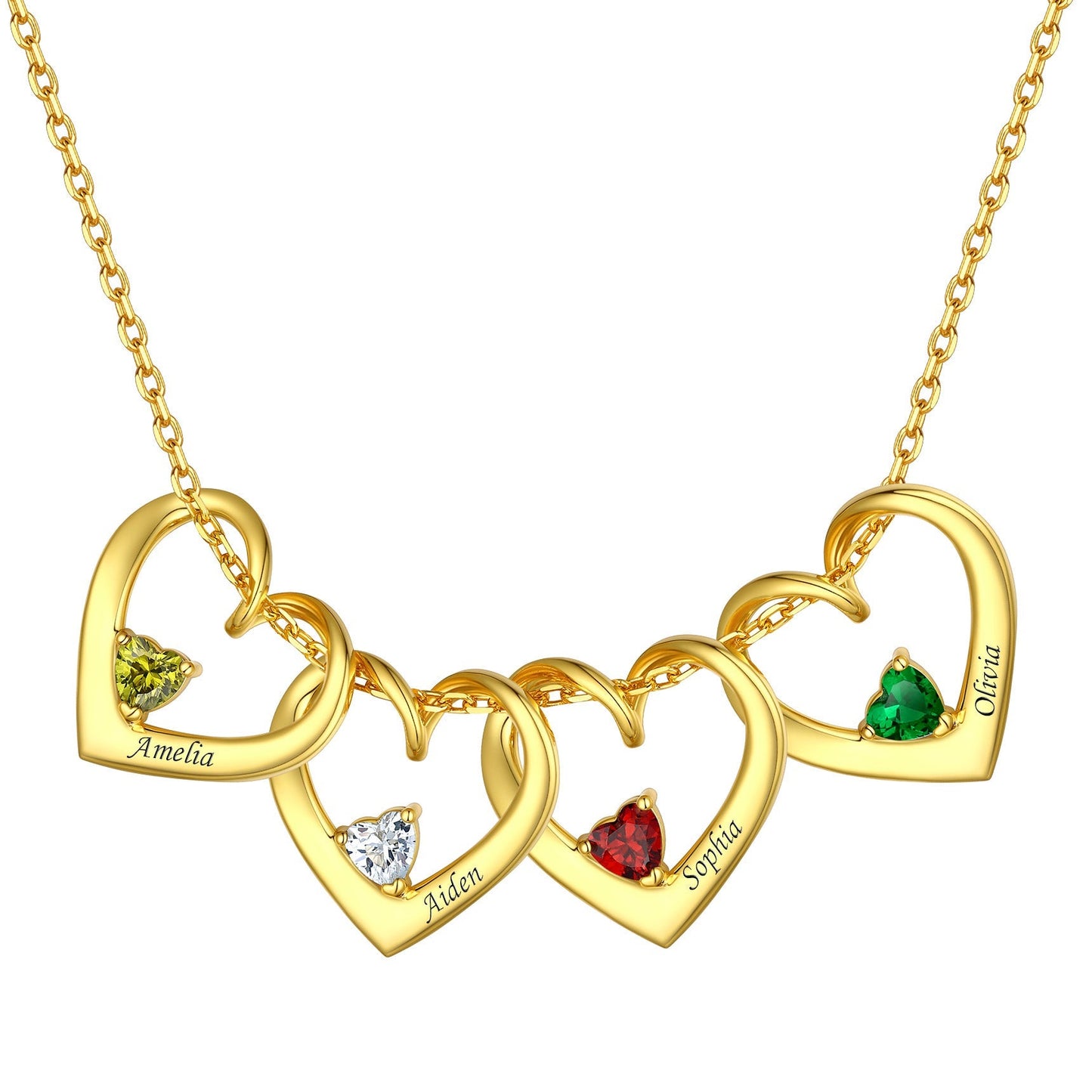 Sterling Silver Personalized 1-5 Hearts Birthstones Necklace for Family