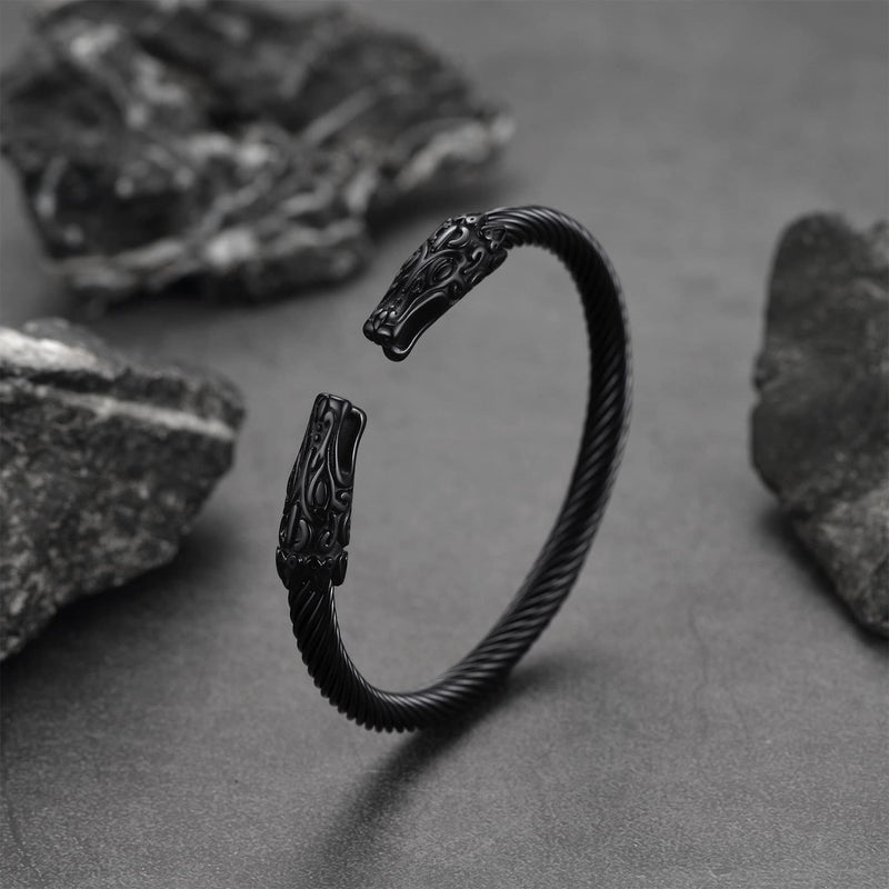 Viking Bracelet Norse Wolf Heads Cuff Bangle for
