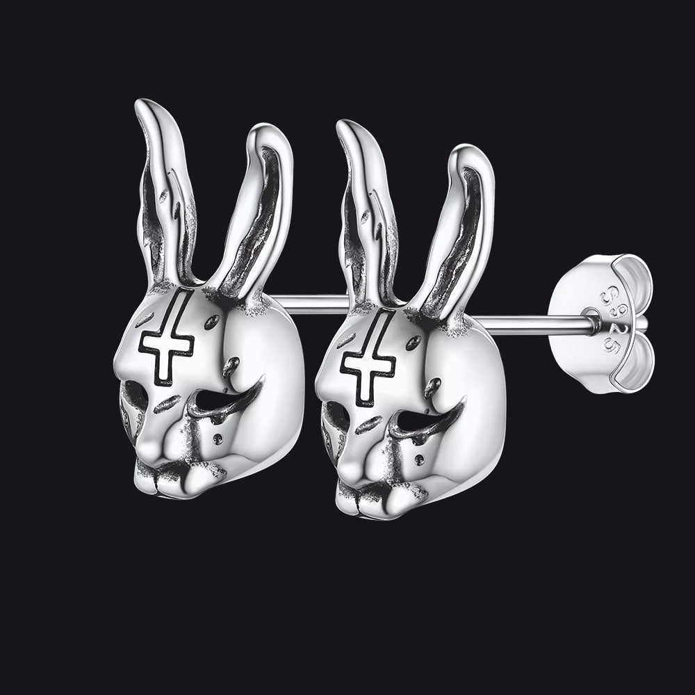 Halloween Silver Evil Bunny Stud Earrings for