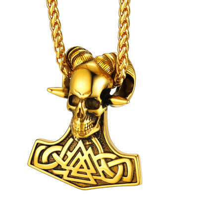 Viking Mjolnir Thor's Hammer Skull Necklace Pendant for