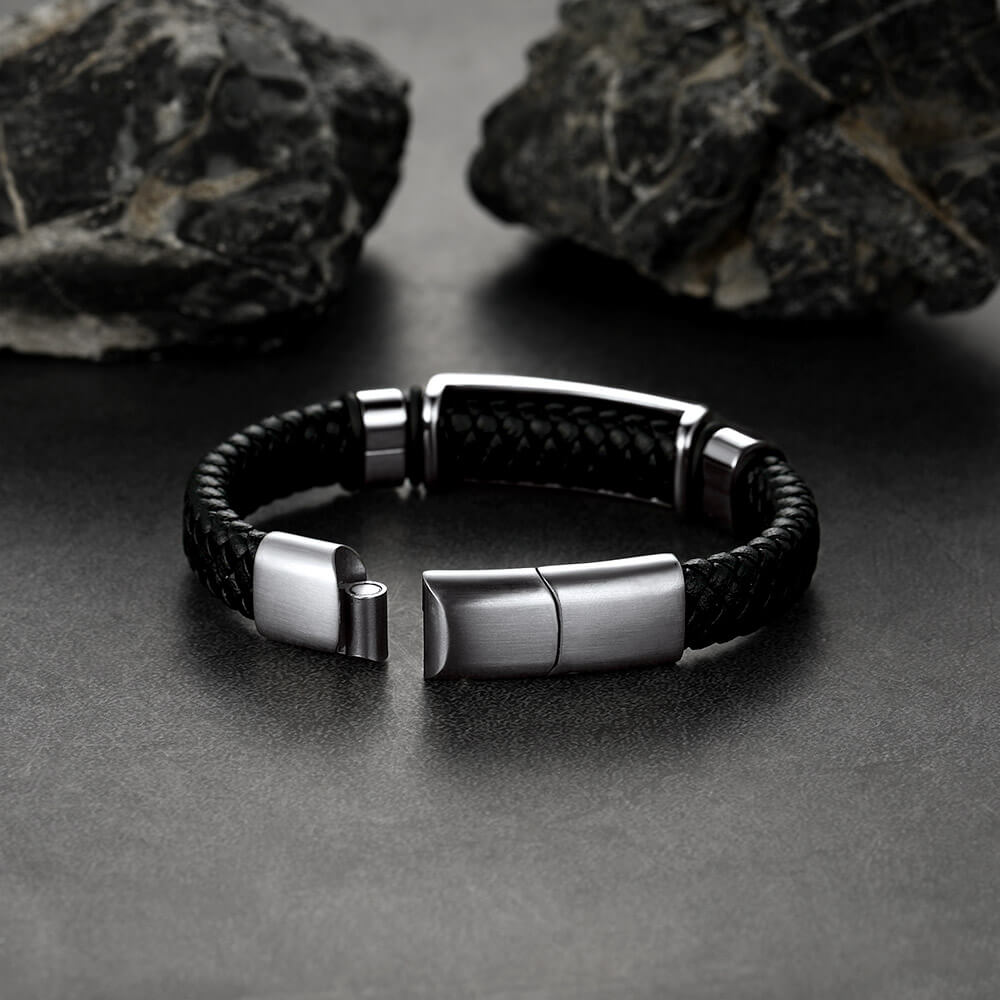 Custom Braided Black Leather Bracelet Birthday Gift for