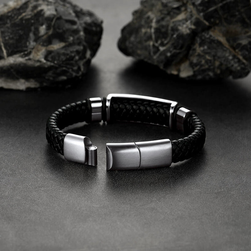 Custom Braided Black Leather Bracelet Birthday Gift for