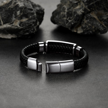 Masonic Compass Braided Black Leather Bracelet for Father Husband