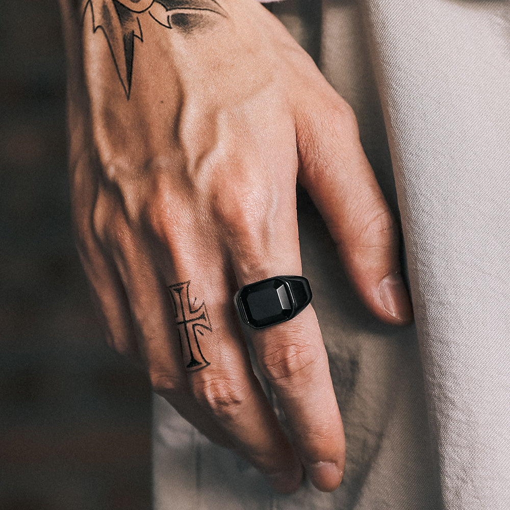 Engraved Black Onyx Signet Ring for