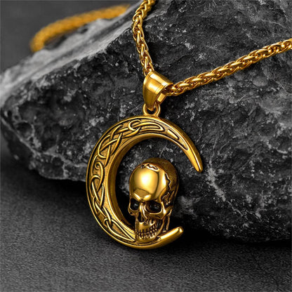 Flash Celtic Crescent Moon Skull Necklace for