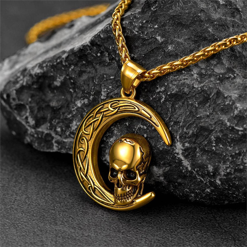 Flash Celtic Crescent Moon Skull Necklace for