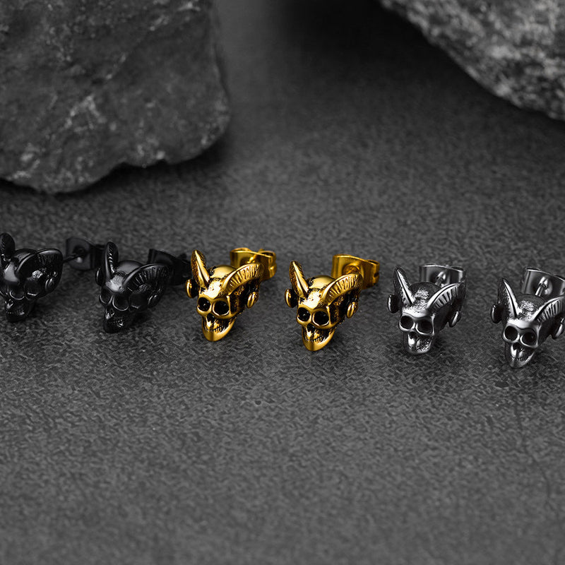 Satanic Baphomet Goat Skull Head Stud Earrings for