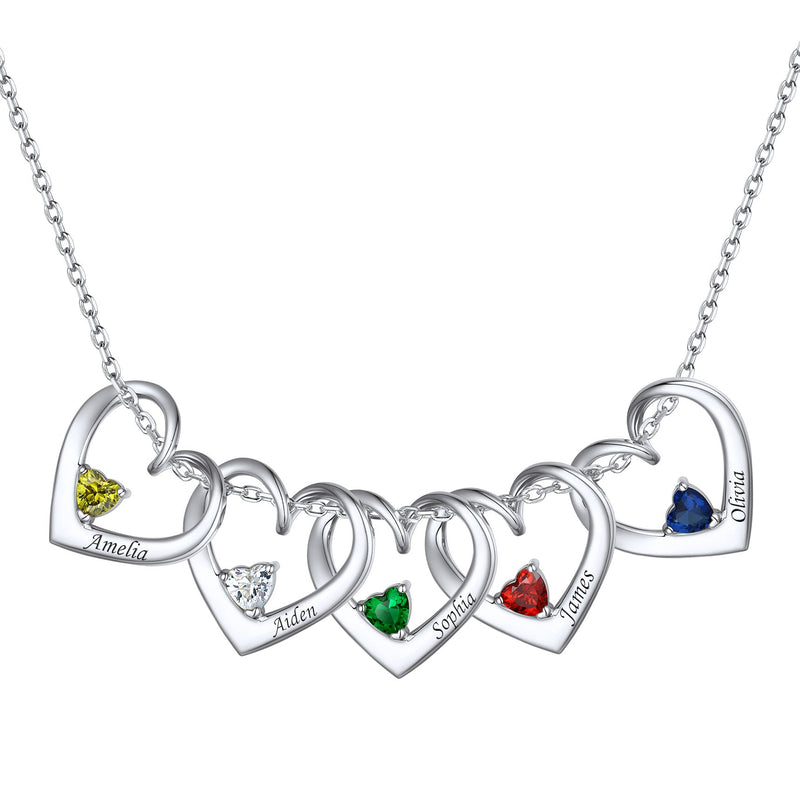 Sterling Silver Personalized 1-5 Hearts Birthstones Necklace for Family