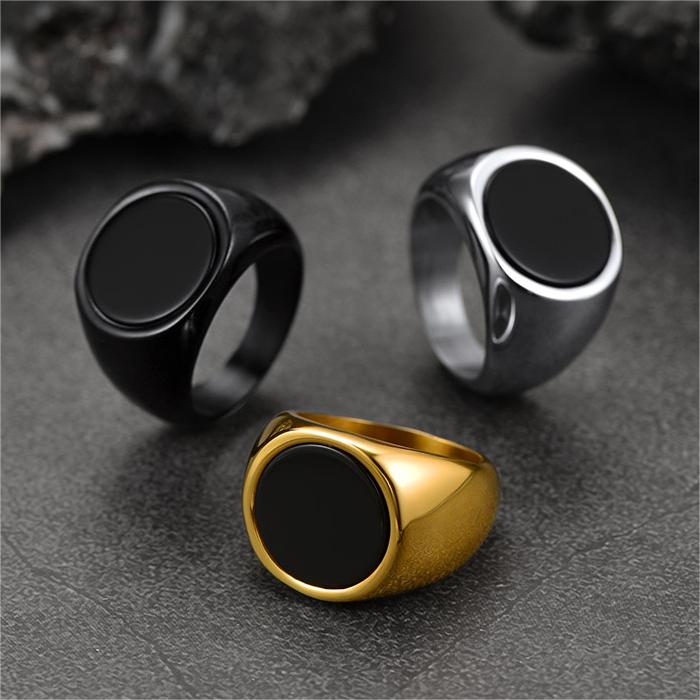 Round Black Onyx Signet Ring for Stainless Steel