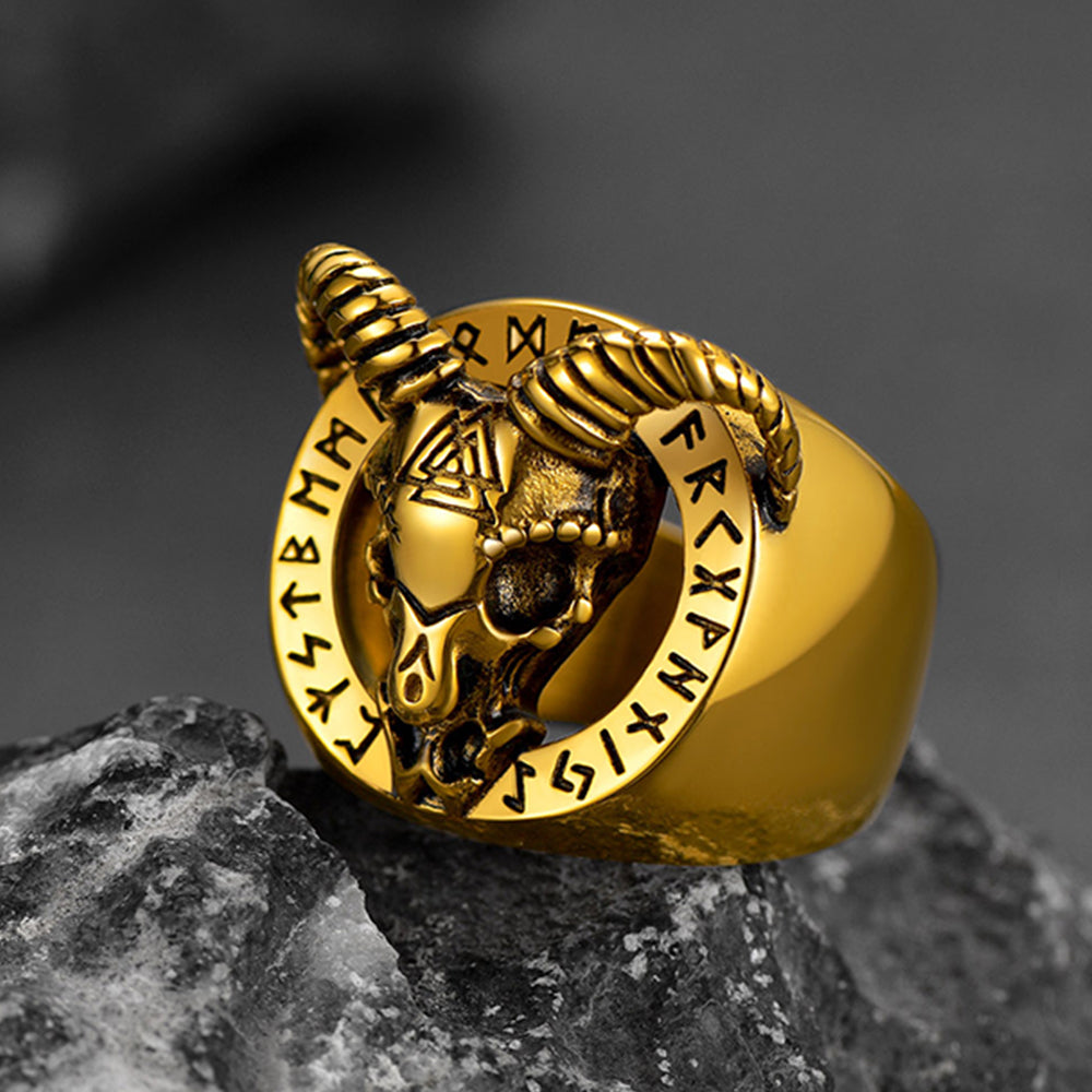 Satanic Goat Skull Ring With Viking Runes for