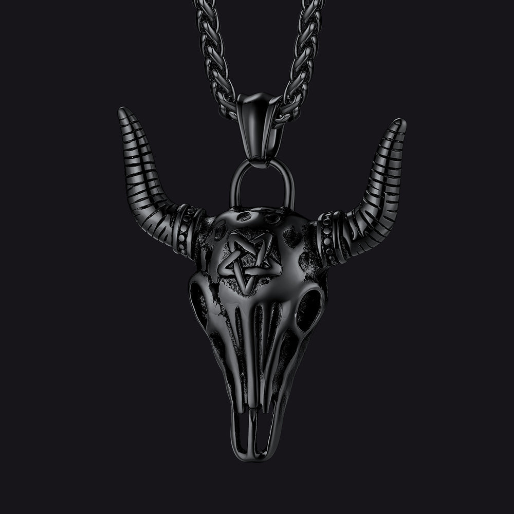 Flash Satanic Bull Cow Skull Necklace With Invert Pentagram for