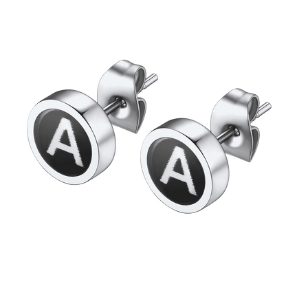 Personalized Black Enamel Initial Letter Stud Earrings for