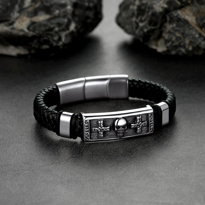 Gothic Black Skull Braided Leather Bracelet for Son Grandson