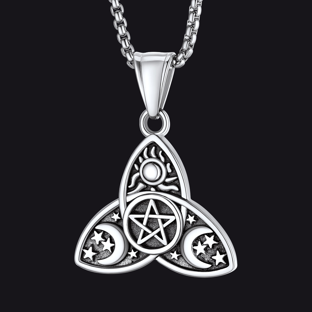 Triple Moon Goddess Pentagram Necklace for