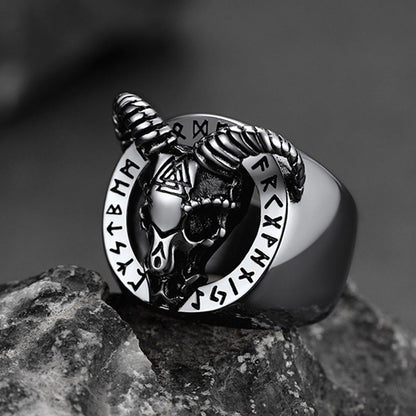 Satanic Goat Skull Ring With Viking Runes for